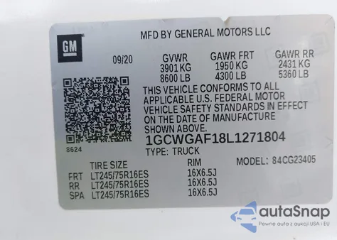 2020 Chevrolet Express Cargo Rwd 2500 Regular Wheelbase Wt z USA, uszkodzony, nr VIN 1GCWGAF18L1271804